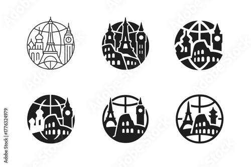 Cultural Diversity Logos. Celebrating diversity through cultural heritage sites. Set Logo of celebrating diversity through cultural heritage sites: globe with
