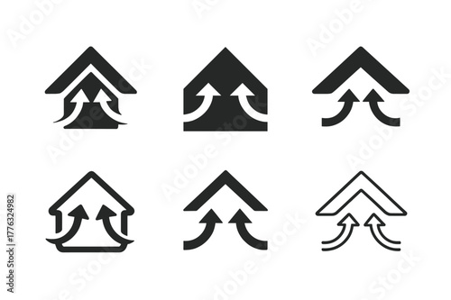 Attic Ventilation Logos. Attic ventilation. Set Logo of Attic ventilation: soffit and ridge airflow arrows. harmonious logo variations of the same emblematic
