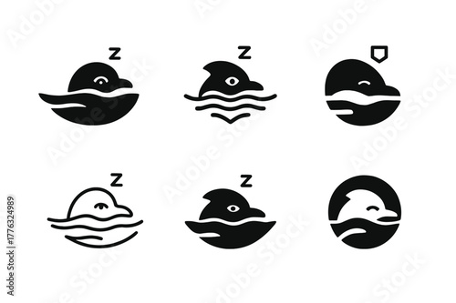 Dolphin Sleep Logos. Animal sleep. Set Logo of dozing dolphin: dolphin at surface with one eye open. Icon set. harmonious logo variations of the same