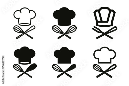 Chef Logo Variations. Private chef and catering services. Set Logo of chef?s toque: tall hat with whisk crossed. Icon set. harmonious logo variations of the