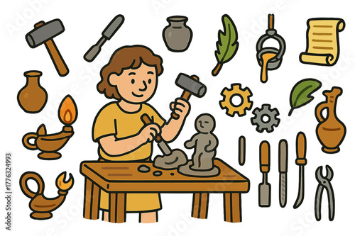 Ancient Craftsmanship Icons. Ancient craftsmanship. Colorful Hand-drawn doodle Children illustration Ancient craftsmanship artisan, workbench, hammer, chisel,
