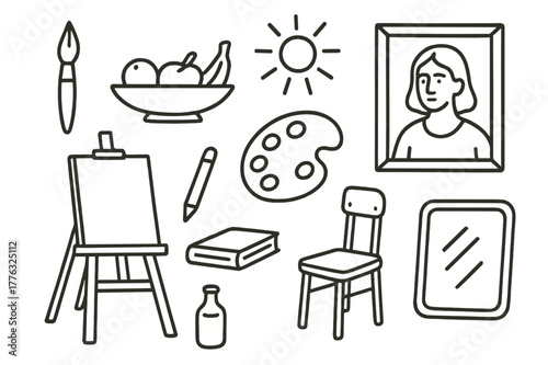 Art Studio Essentials. Realism painting. Hand-drawn doodle illustration realism painting brush, fruit bowl, portrait, light rays, frame, palette, easel,
