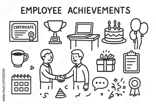 Employee Celebration Icons. Employee Achievements. Hand-drawn doodle illustration Employee Achievements certificate, trophy, laptop, desk, coworker handshake,