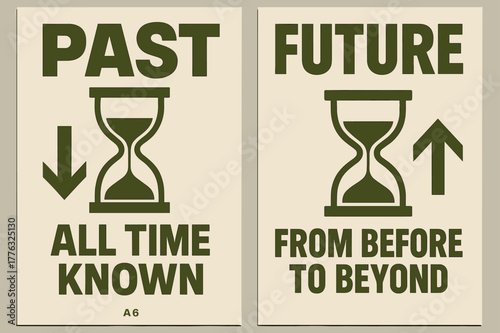 Time Travel Banners. Past & Future. Two vertical A6 banners with safe margins, centered composition, no elements touching edges, brutalist, olive green and