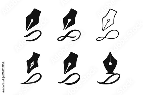 Handwriting Logo Variations. Handwriting practice worksheet. Set Logo of Handwriting practice worksheet: pen nib forming calligraphy strokes. Icon set.