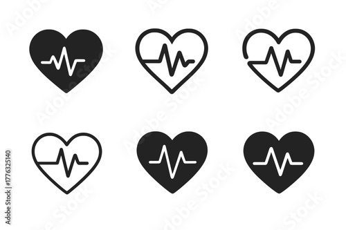 Heart Rate Emblems. Heart rate monitoring. Set Logo of Heart rate monitoring: pulse waveform within heart. harmonious logo variations of the same emblematic