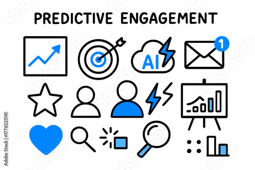 Predictive Engagement Doodle. // Predictive engagement. Hand-drawn doodle illustration Predictive engagement [graph forecast (accented), target (accented),