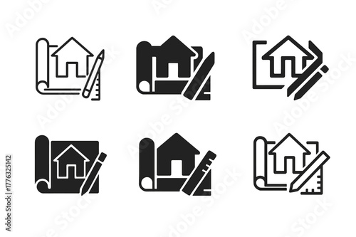 Renovation Logo Variations. Home renovation and remodeling. Set Logo of Home renovation and remodeling: architectural blueprint with pencil and ruler. Icon