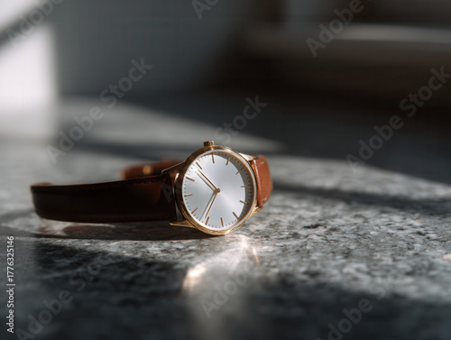 Classic wrist watch with leather strap on marble surface in dramatic light, concept of future city