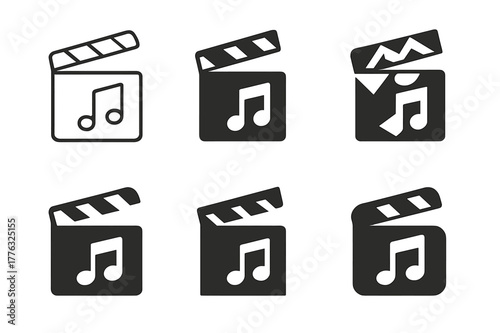Music Video Logos. Music video shoots and production. Set Logo of Music video shoots and production: clapperboard with musical note. Icon set. harmonious logo