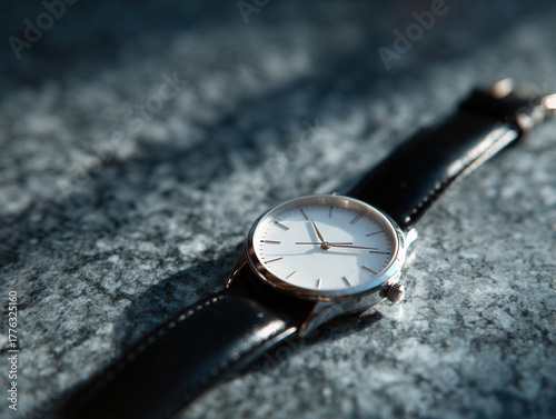 Classic wrist watch with leather strap on marble surface in dramatic light, concept of future city