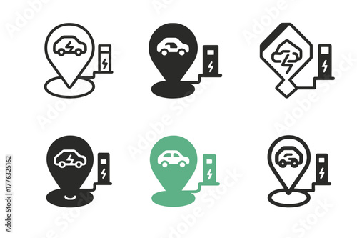 Electric Vehicle Logos. Electric vehicle adoption. Set Logo of electric vehicle adoption: charging station network map. Icon set. harmonious logo variations of
