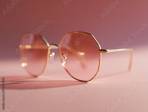 Stylish gold frame sunglasses with pink tinted lenses on pink background, concept of fashion