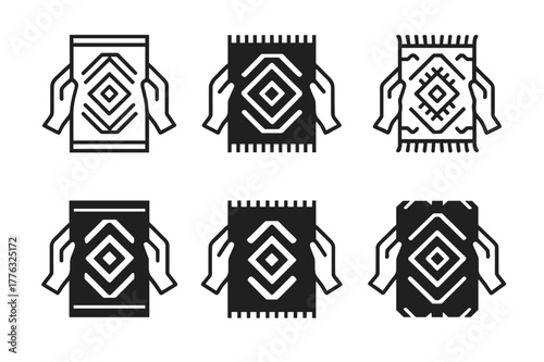Geometric Rug Logos. Straightening a rug. Set Logo of straightening a rug: geometric rug pattern alignment. Icon set. harmonious logo variations of the same