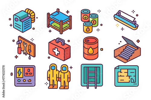 Colorful Shelter Icons. Underground shelter. Colorful isometric vector icons set of underground shelter: air filtration unit, bunk beds, canned food, LED