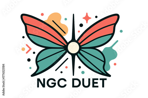 Twin Nebula Symphony. Twin Butterfly Nebulae. Symmetric wings unfurl from a bright core; ?NGC Duet? floats in airy lettering. Ion jets flare as clean chevrons.