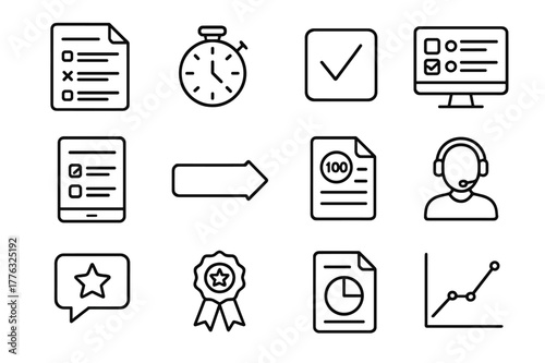 Online Exam Icons. Online exams and assessments. Line icon set of online exams: question sheet, timer, checkbox, answer form, multiple choice, submit button,