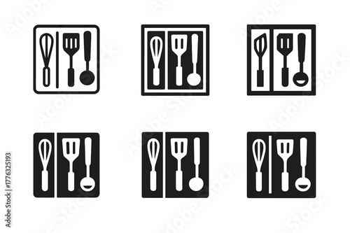 Drawer Organizer Logos. Using drawer organizers for kitchen gadgets. Set Logo of Using drawer organizers for kitchen gadgets: neatly arranged utensils in a