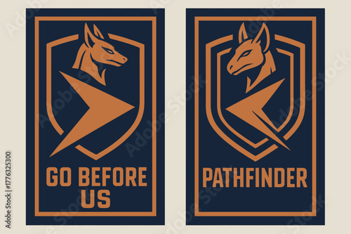 Bold Forerunner Banners. Battle Forerunner. Two vertical A6 banners with safe margins, centered composition, no elements touching edges, bold, indigo and