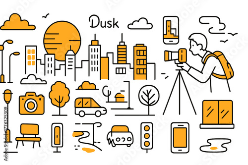 Urban Dusk Doodles. Urban dusk photography. Hand-drawn doodle illustration city skyline (colored), setting sun (colored), skyscrapers (colored), street lights