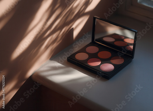 Eyeshadow palette with mirror in dramatic light and shadow, concept of beauty