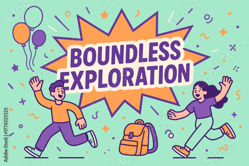 Boundless Exploration Adventure. Boundless exploration banner, flat vector illustration, bold oversized text inside comic burst, cartoon characters running and