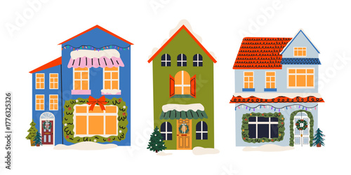 Winter holiday Christmas houses in cartoon groovy style with decorations, festive wreaths, snow, garland and Christmas tree. Cozy winter outside retro house interior. Vector illustrations isolated