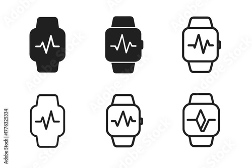 Healthcare App Logos. Healthcare mobile app. Set Logo of Healthcare mobile app: smartwatch band with ECG line. Icon set. harmonious logo variations of the same