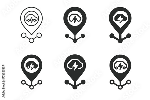 Electric Vehicle Logos. Electric vehicle adoption. Set Logo of electric vehicle adoption: charging station network map. Icon set. harmonious logo variations of