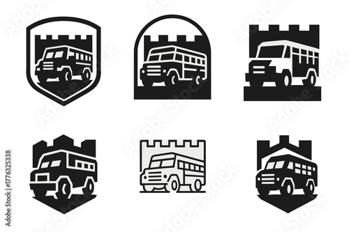 Fortified Convoy Logos. Post-apocalyptic societies. Set Logo of Post-apocalyptic societies: fortified bus convoy. Icon set. harmonious logo variations of the