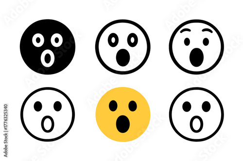 Shocked Emoji Variations. Shocked emoji. Set Logo of Shocked emoji: round face with O-mouth. harmonious logo variations of the same emblematic concept, each