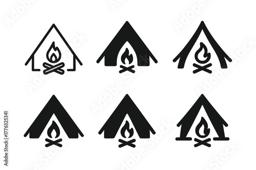 Travel Logo Variations. Holiday travel and vacation. Set Logo of Holiday travel and vacation: camping tent with campfire. Icon set. harmonious logo variations
