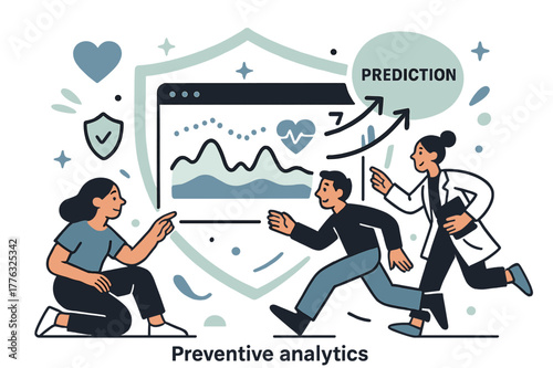 Preventive Analytics Visualization. Healthcare Tech ? Preventive Analytics. A screen displays smooth graphs and heart rate trends; arrows flow forward to