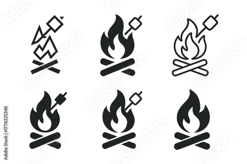 Bonfire Logo Variations. Bonfire. Set Logo of bonfire: marshmallow on stick. Icon set. harmonious logo variations of the same emblematic concept, each with