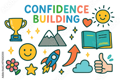 Confidence Symbols Illustrated. Confidence building. Colorful Hand-drawn doodle Children illustration Confidence building trophy, mountain peak, flag, heart,