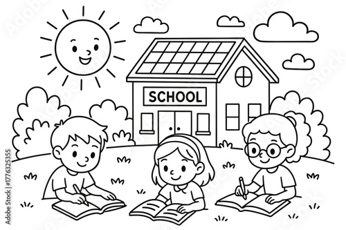 Solar-Powered School Scene. Solar-powered school children?s coloring book illustration, outlined drawing, a school building with rooftop panels and children