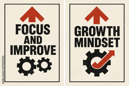 Brutalist Motivation Banners. Focus and improve. Two vertical A6 banners with safe margins, centered composition, no elements touching edges, brutalist, black