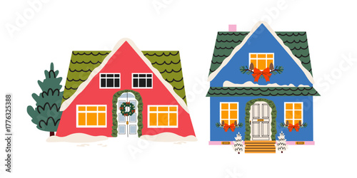 Winter holiday Christmas houses in cartoon groovy style with decorations, festive wreaths, snow, garland and Christmas tree. Cozy winter outside retro house interior. Vector illustrations isolated