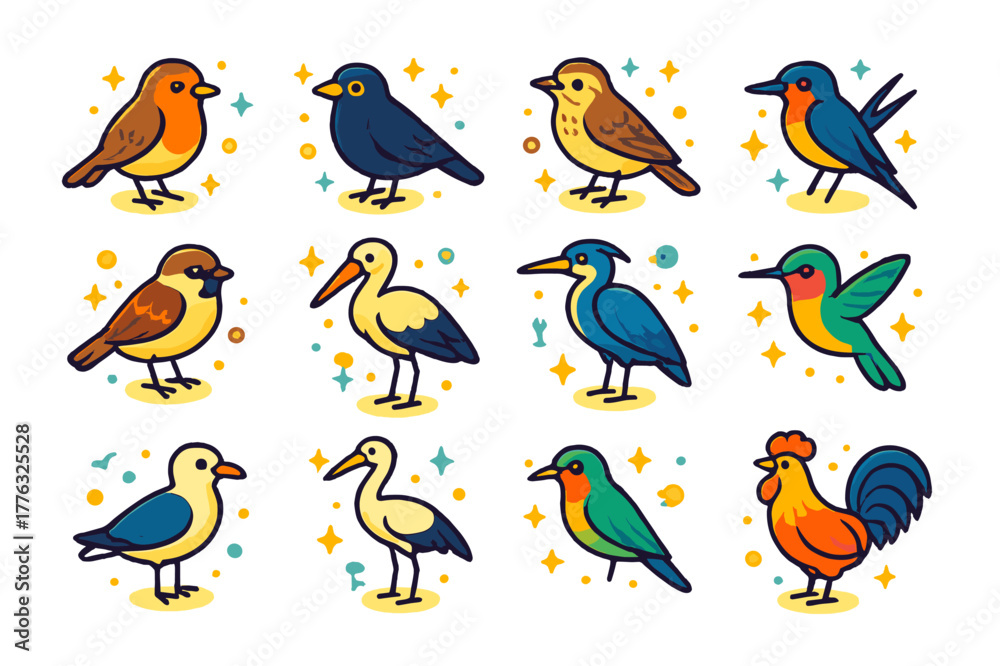 Obraz premium Daybreak Bird Icons. birds at daybreak. Colorful isometric vector icons set of birds at daybreak: robin, blackbird, skylark, swallow, sparrow, stork, heron,