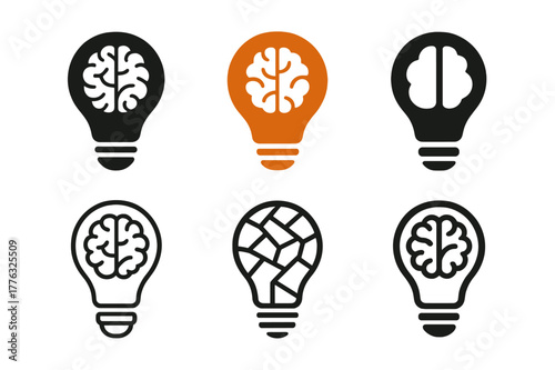 Knowledge Logo Variations. Knowledge. Set Logo of Knowledge: Lightbulb. harmonious logo variations of the same emblematic concept, each with different artistic