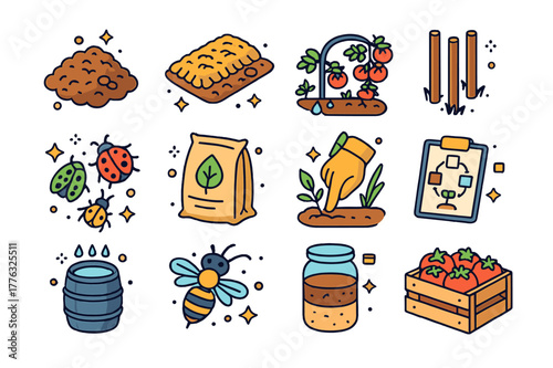 Colorful Tomato Farming Icons. Organic tomato farming. Colorful isometric vector icons set of Organic tomato farming: compost heap, mulch layer, drip