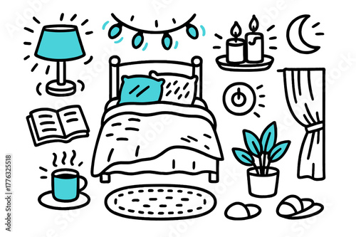 Cozy Bedroom Doodle. Bedroom cozy glow. Hand-drawn doodle illustration bedroom cozy glow [bedside lamp (accented), fairy string lights (accented), candle set