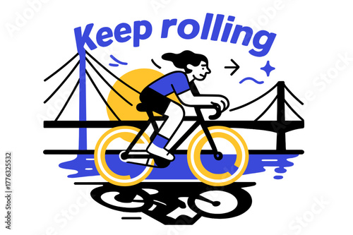Cyclist in Motion. Cyclist on a bridge. Wheels carve twin halos as the sun sits low behind cables; ?Keep rolling? floats on the breeze. Water below mirrors the