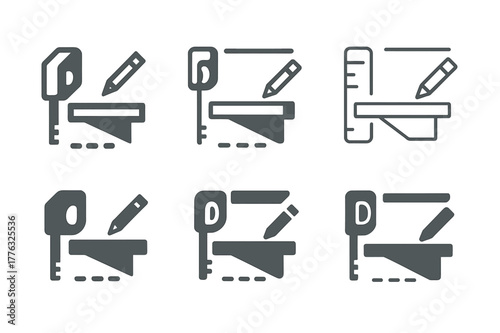 Floating Shelves Logo Grid. Installing floating shelves on a wall. Set Logo of installing floating shelves on a wall: measuring tape and pencil markings. Icon