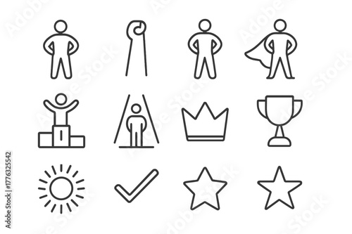 Power Stance Icons. Power stance. Line icon set of power stance: person standing tall, arms on hips, raised fist, confident stance, superhero silhouette,