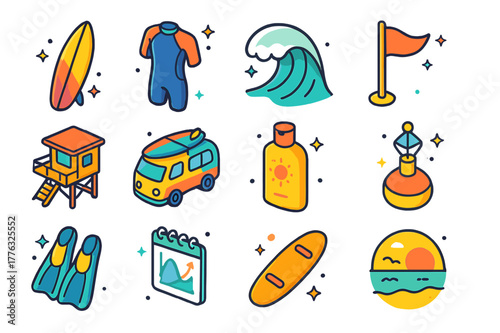 Surfing Adventure Icons. Surfing adventure. Colorful isometric vector icons set of surfing adventure: surfboard, wetsuit, wave crest, beach flag, lifeguard