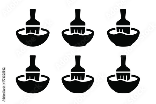 Hair Dye Logos. Bowl with hair dye. Set Logo of brush dipped in pigment: Symmetrical form, Negative space, Flat solid, Stylized detail, Iconic shape, Minimal