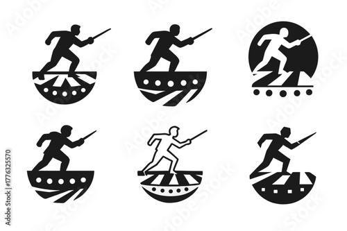 Dramatic Sword Fight Logos. An actor performing a dramatic sword fight on stage. Set Logo of An actor performing a dramatic sword fight on stage: footlights