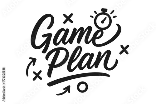 Dynamic Script Design. Game Plan ? Script Hand-Lettering; brush script with semi-cursive connectors and fluid pressure contrast; centered layout with gentle