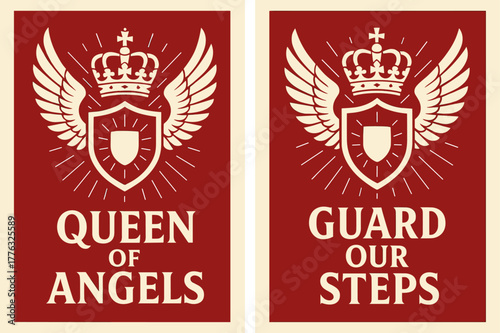 Queen of Angels Banners. Queen of Angels. Two vertical A6 banners with safe margins, centered composition, no elements touching edges, bold, crimson and ivory,